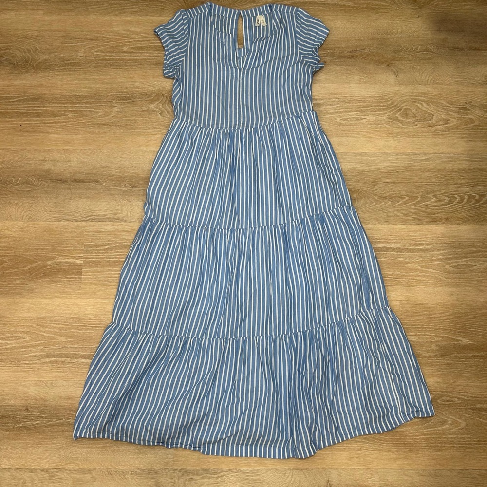 Pact Maxi Dress Women Medium Blue Striped Tiered Organic Cotton Flutter Sleeve